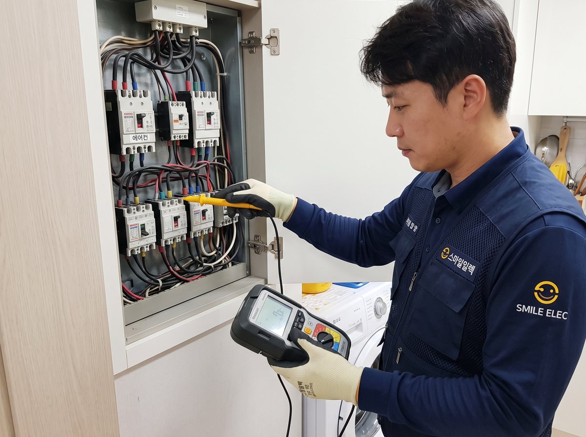 분전반 차단기 상태를 측정기로 점검하는 모습